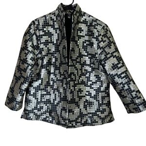 CONNIE ROBERSON Silk Silver Metallic Topper Jacket Blazer Open Jacquard Sz Large